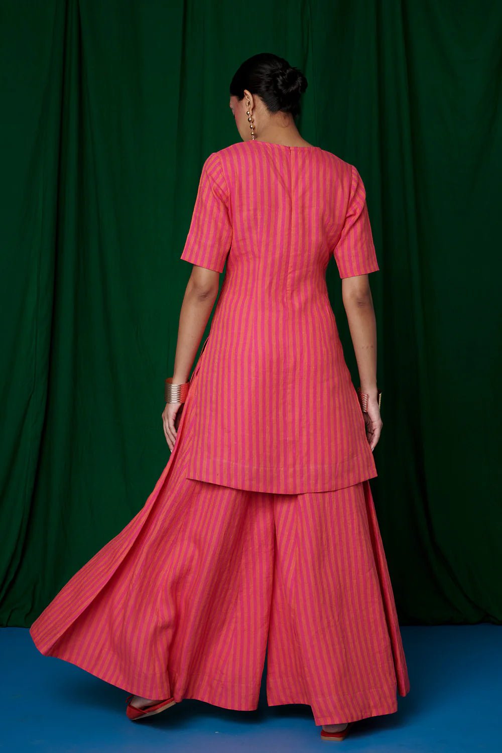 Coral Linen Sharara Set with Dupatta - CiceroniKurta Set, Festive WearSaphed