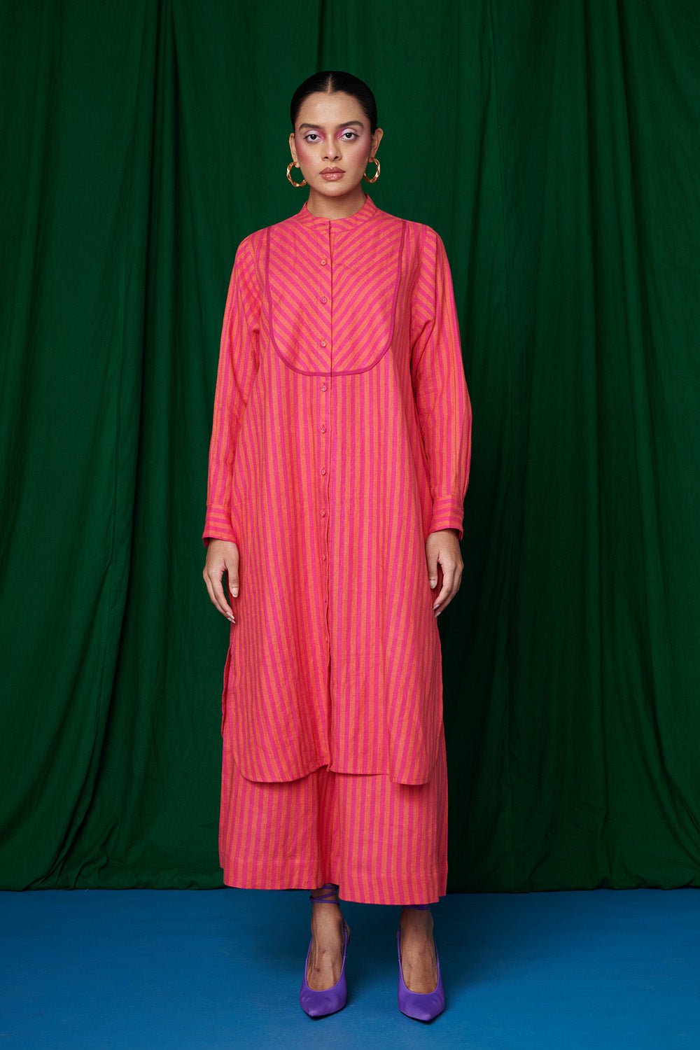 Coral Linen Shirt Dress and Culotte Pants - CiceroniKurta Set, Everyday WearSaphed