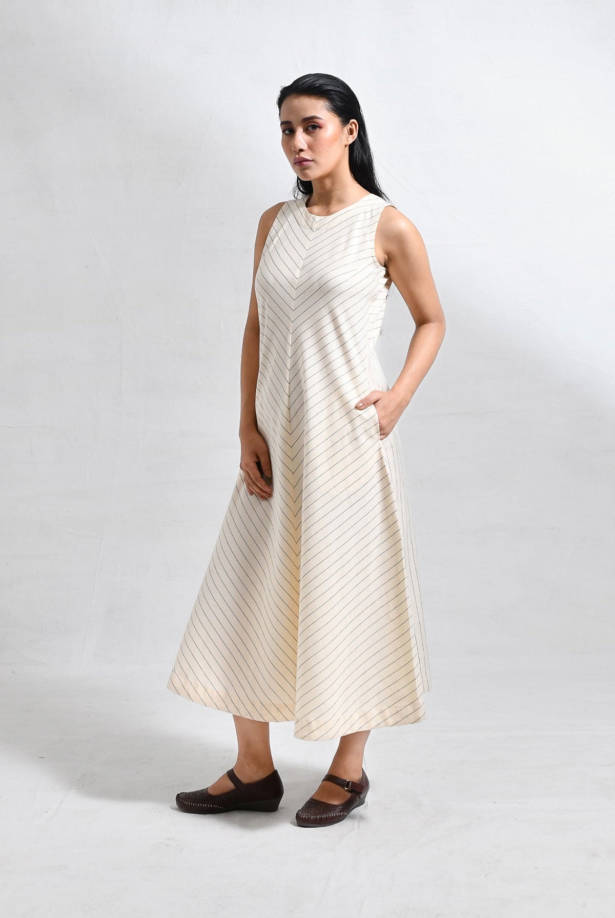 Cotton Striped Sleeveless A - line Dress with Back Patch - CiceroniDressesHiranya