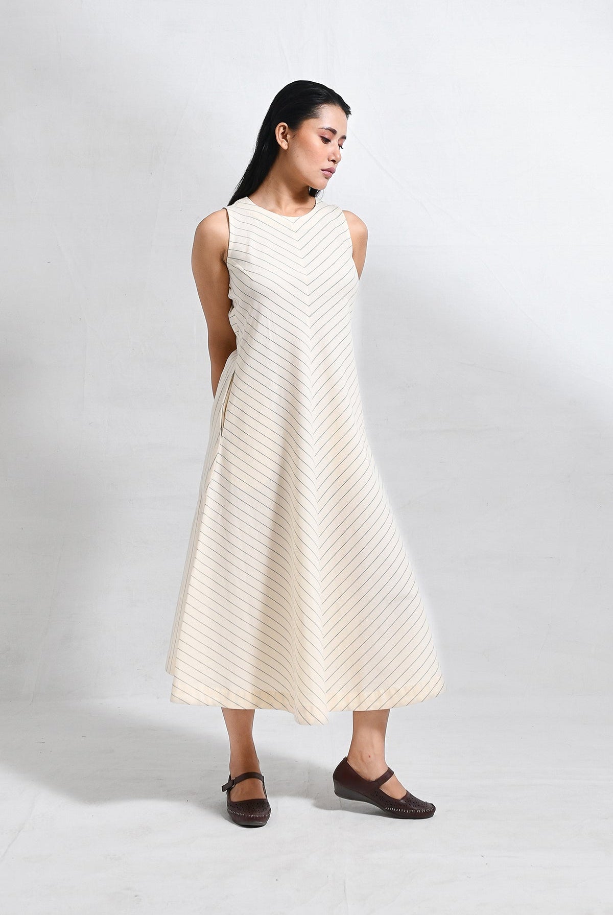 Cotton Striped Sleeveless A - line Dress with Back Patch - CiceroniDressesHiranya