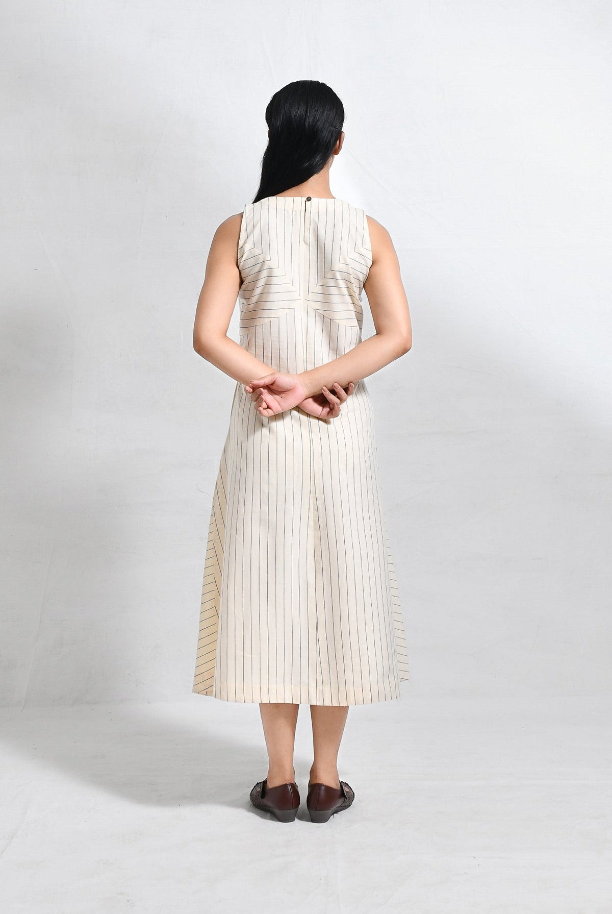 Cotton Striped Sleeveless A - line Dress with Back Patch - CiceroniDressesHiranya
