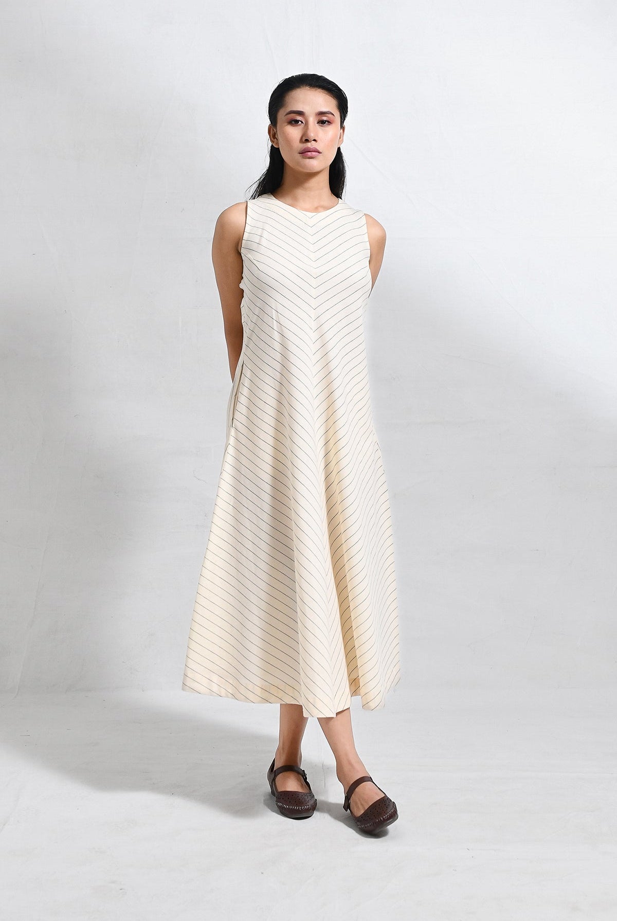 Cotton Striped Sleeveless A - line Dress with Back Patch - CiceroniDressesHiranya