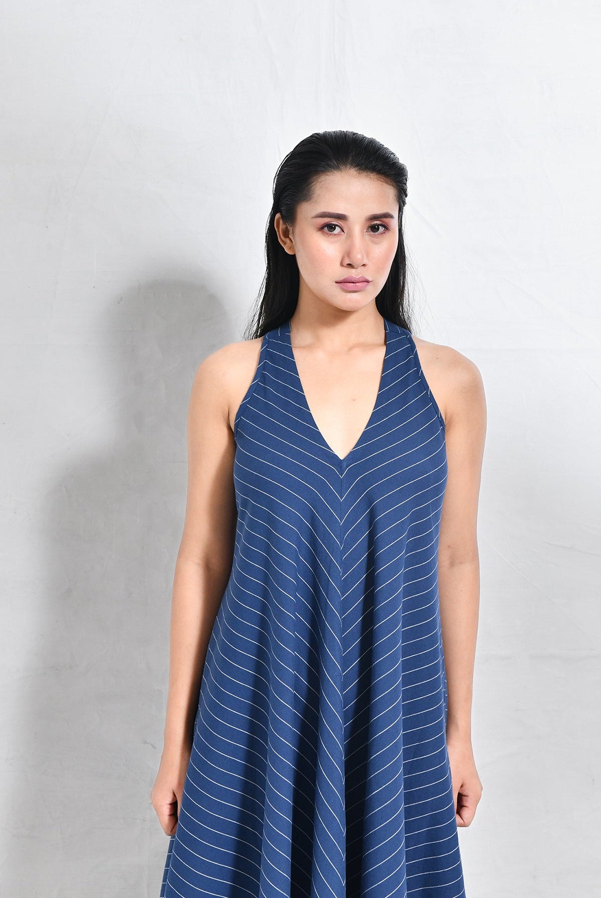 Cotton Stripes Back - Twist Dress - Navy Blue - CiceroniDressesHiranya