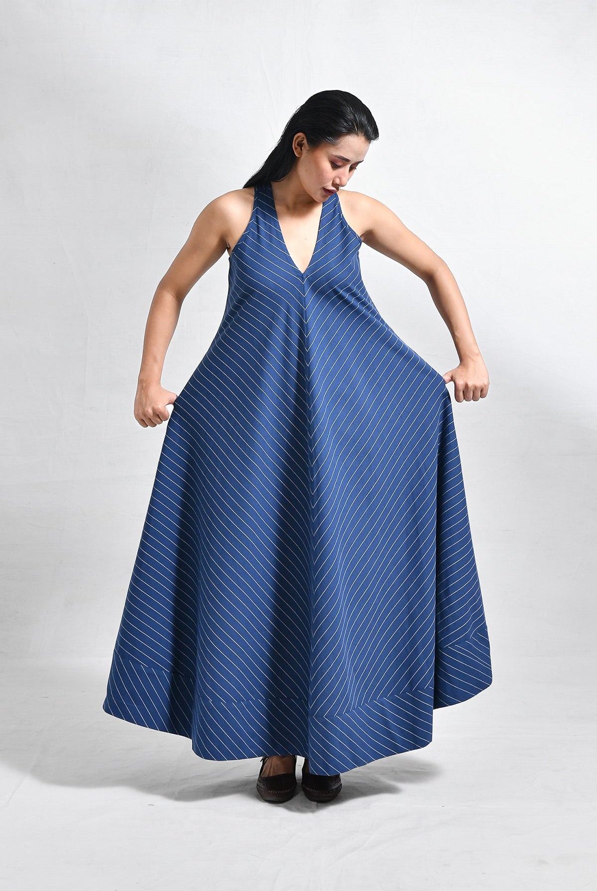 Cotton Stripes Back - Twist Dress - Navy Blue - CiceroniDressesHiranya