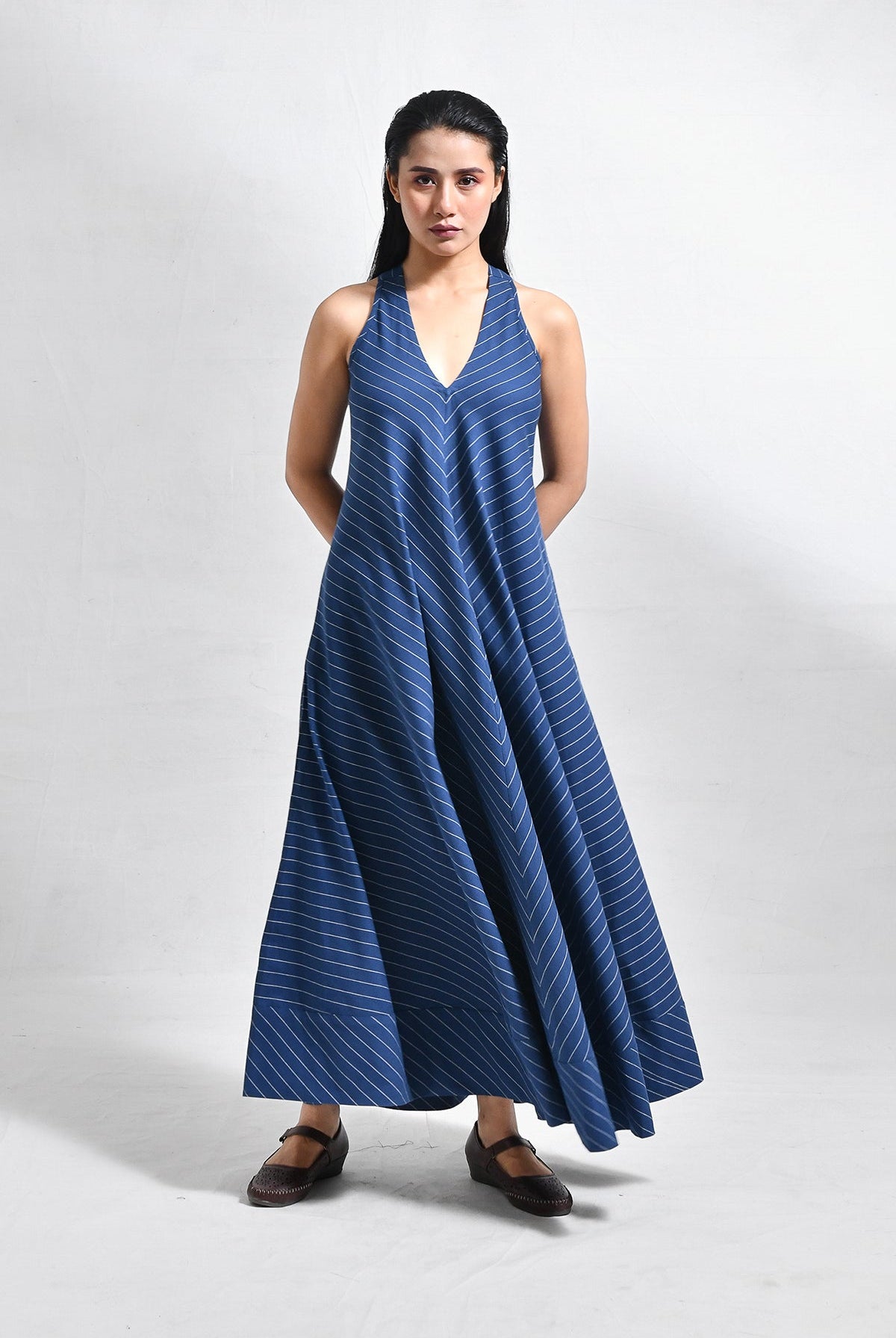 Cotton Stripes Back - Twist Dress - Navy Blue - CiceroniDressesHiranya