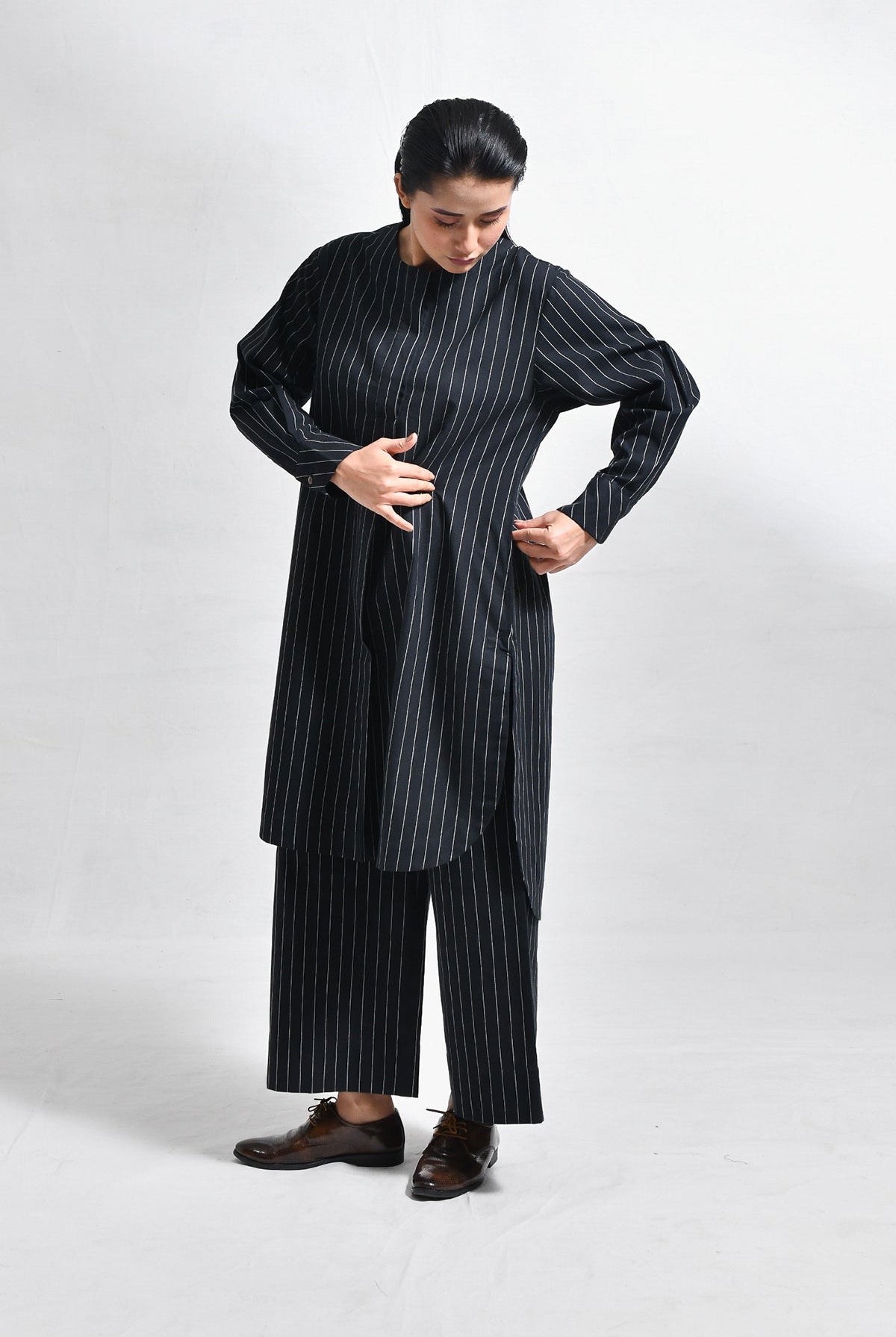 Cotton Stripes Box Pleat Co - ord (Set of 2) - Black - CiceroniKurta Set, Everyday WearHiranya
