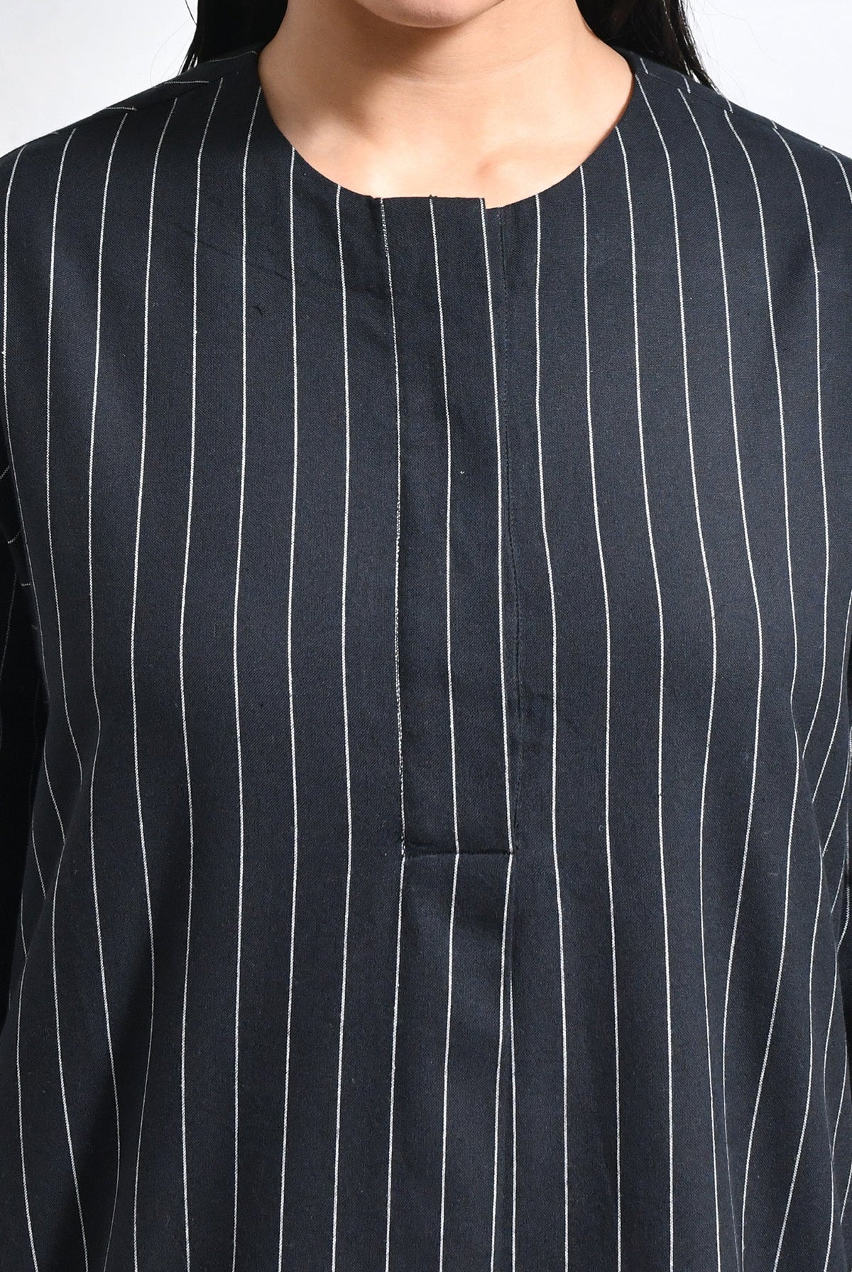 Cotton Stripes Box Pleat Co - ord (Set of 2) - Black - CiceroniKurta Set, Everyday WearHiranya