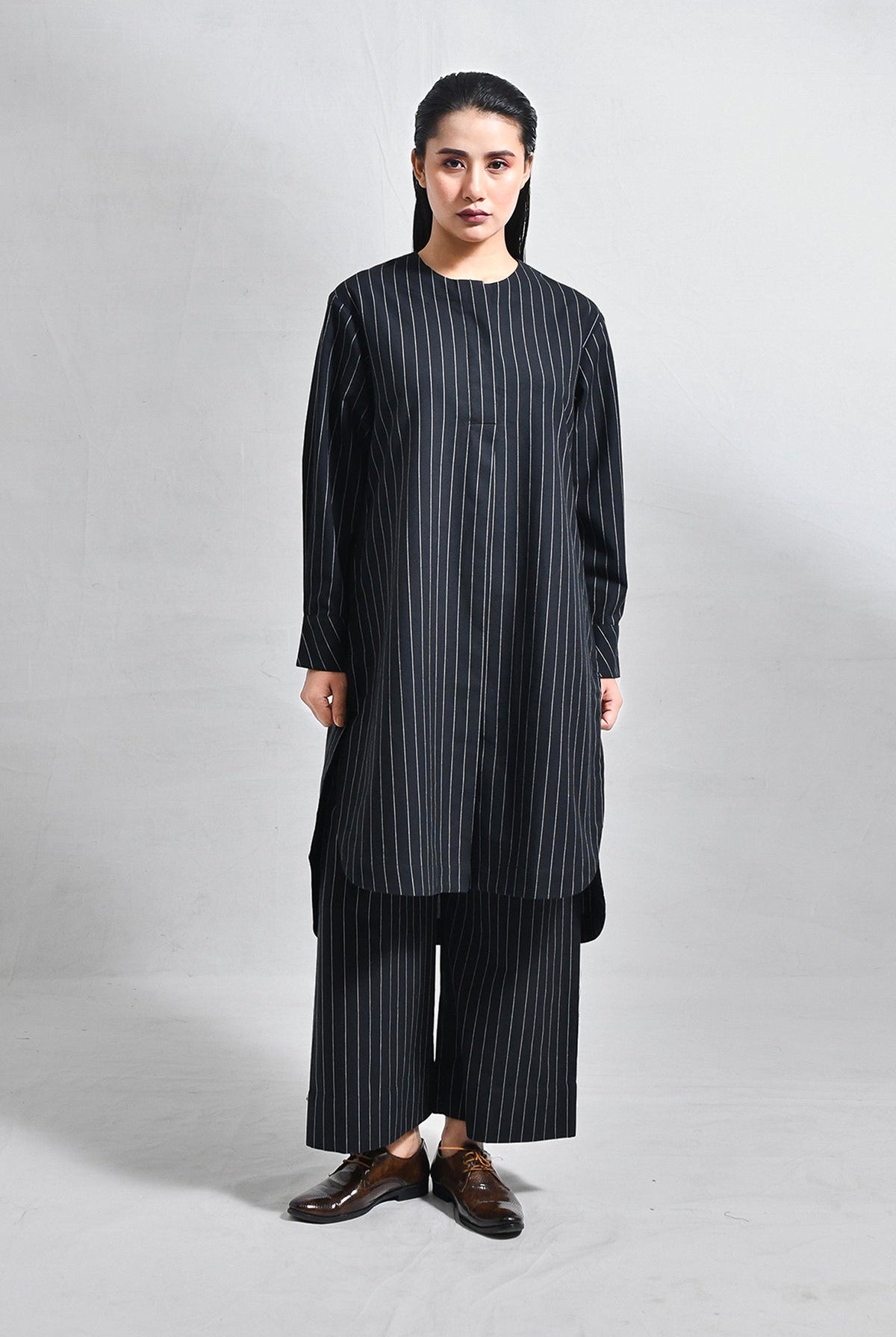 Cotton Stripes Box Pleat Co - ord (Set of 2) - Black - CiceroniKurta Set, Everyday WearHiranya