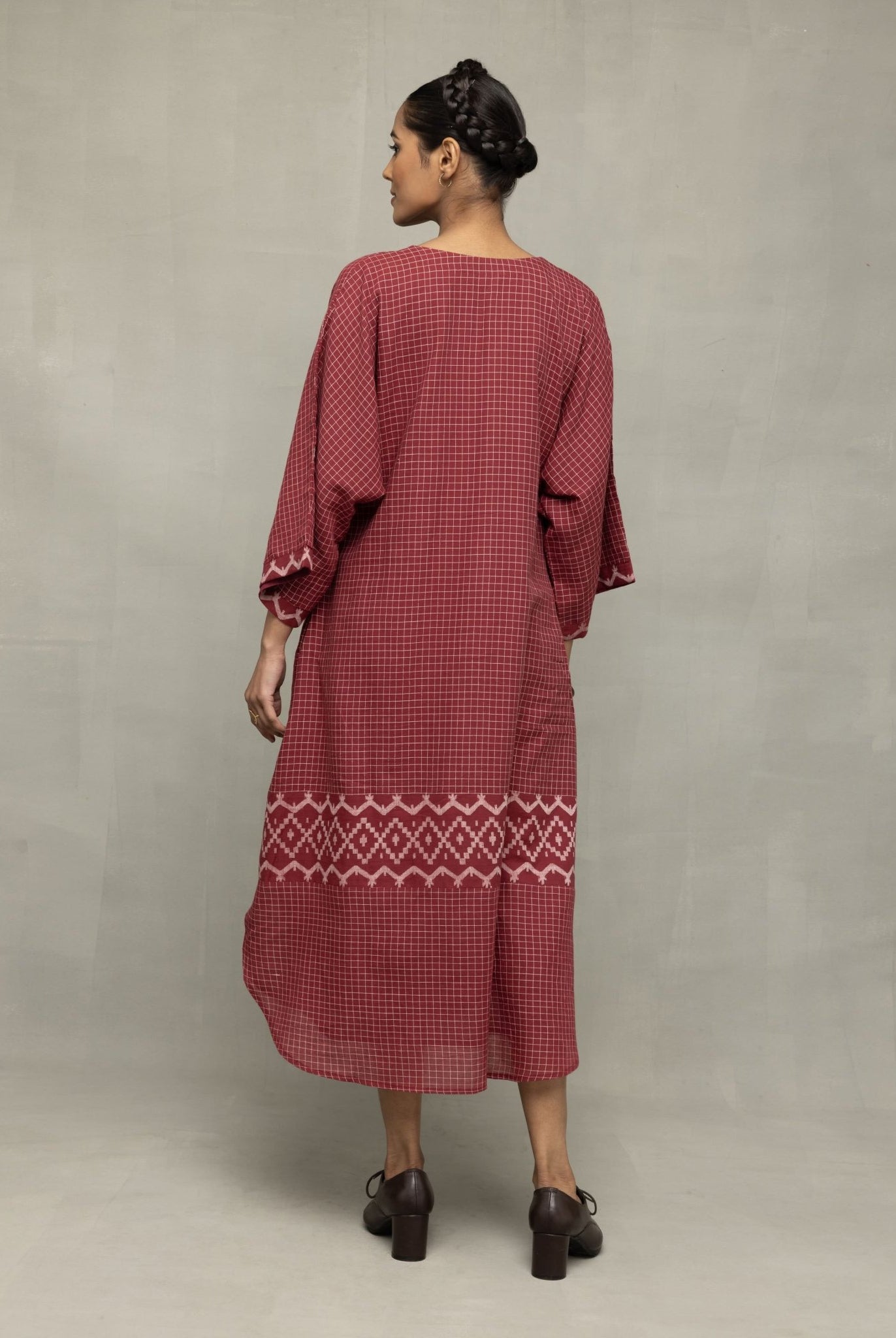 Crimson Checkered Jamdani Kaftan Dress - CiceroniDressesSutra Art of Clothing