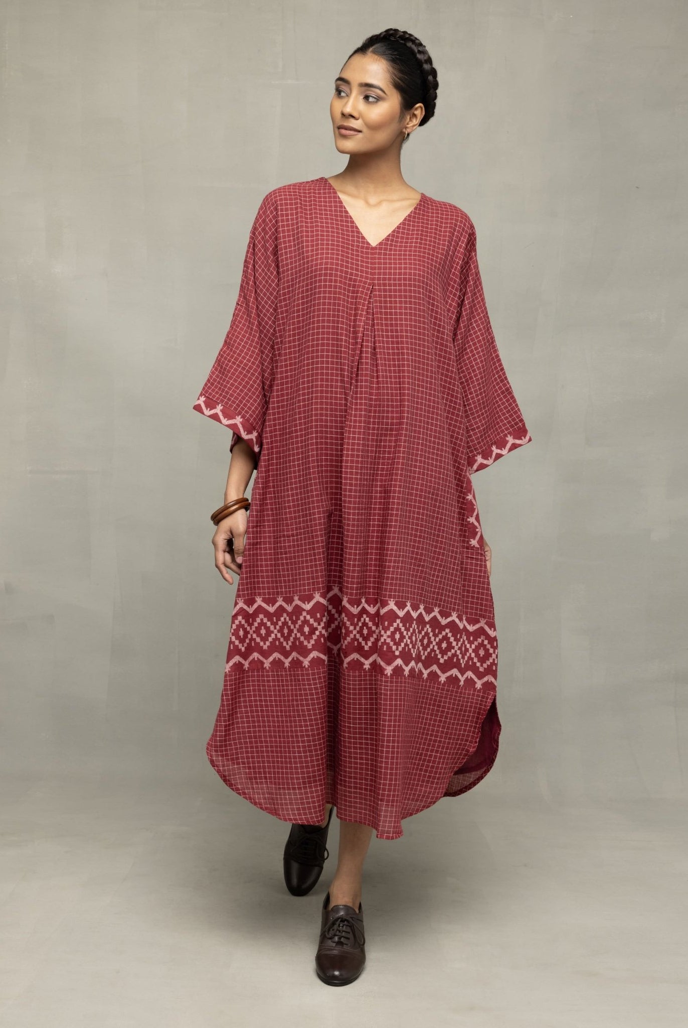 Crimson Checkered Jamdani Kaftan Dress - CiceroniDressesSutra Art of Clothing