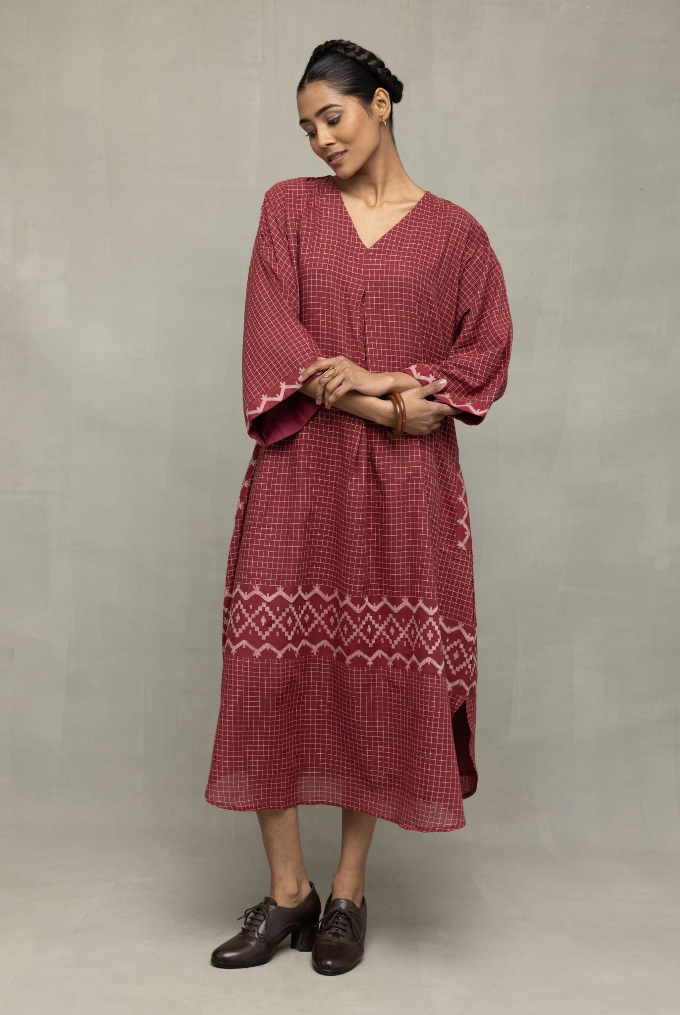 Crimson Checkered Jamdani Kaftan Dress - CiceroniDressesSutra Art of Clothing