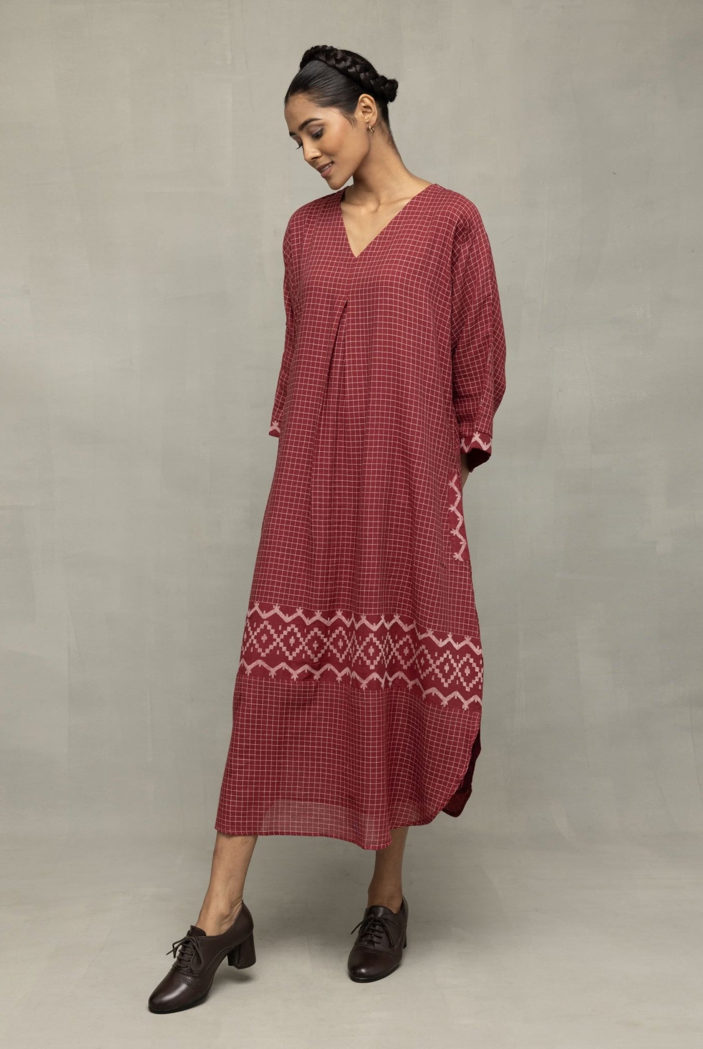 Crimson Checkered Jamdani Kaftan Dress - CiceroniDressesSutra Art of Clothing