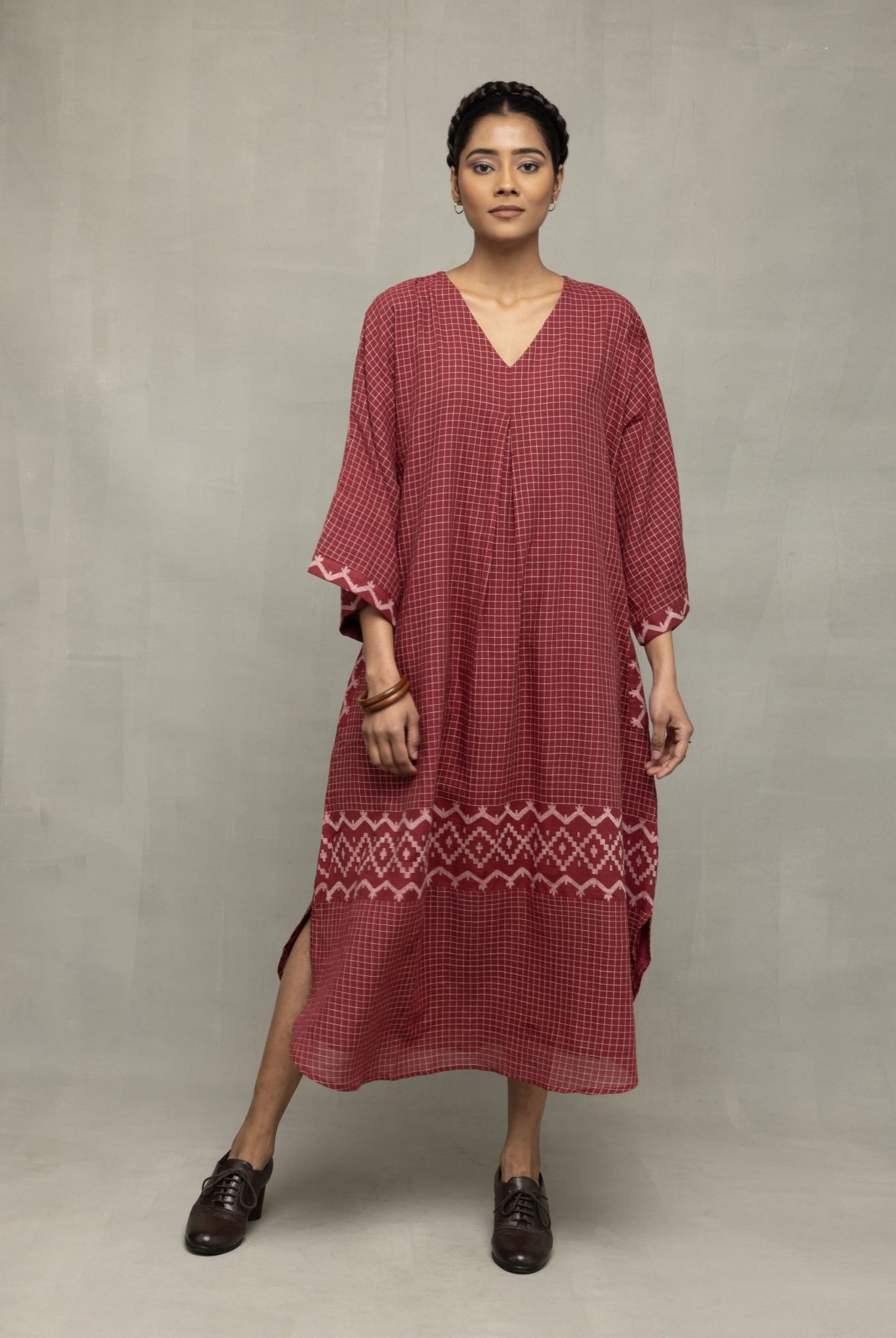 Crimson Checkered Jamdani Kaftan Dress - CiceroniDressesSutra Art of Clothing