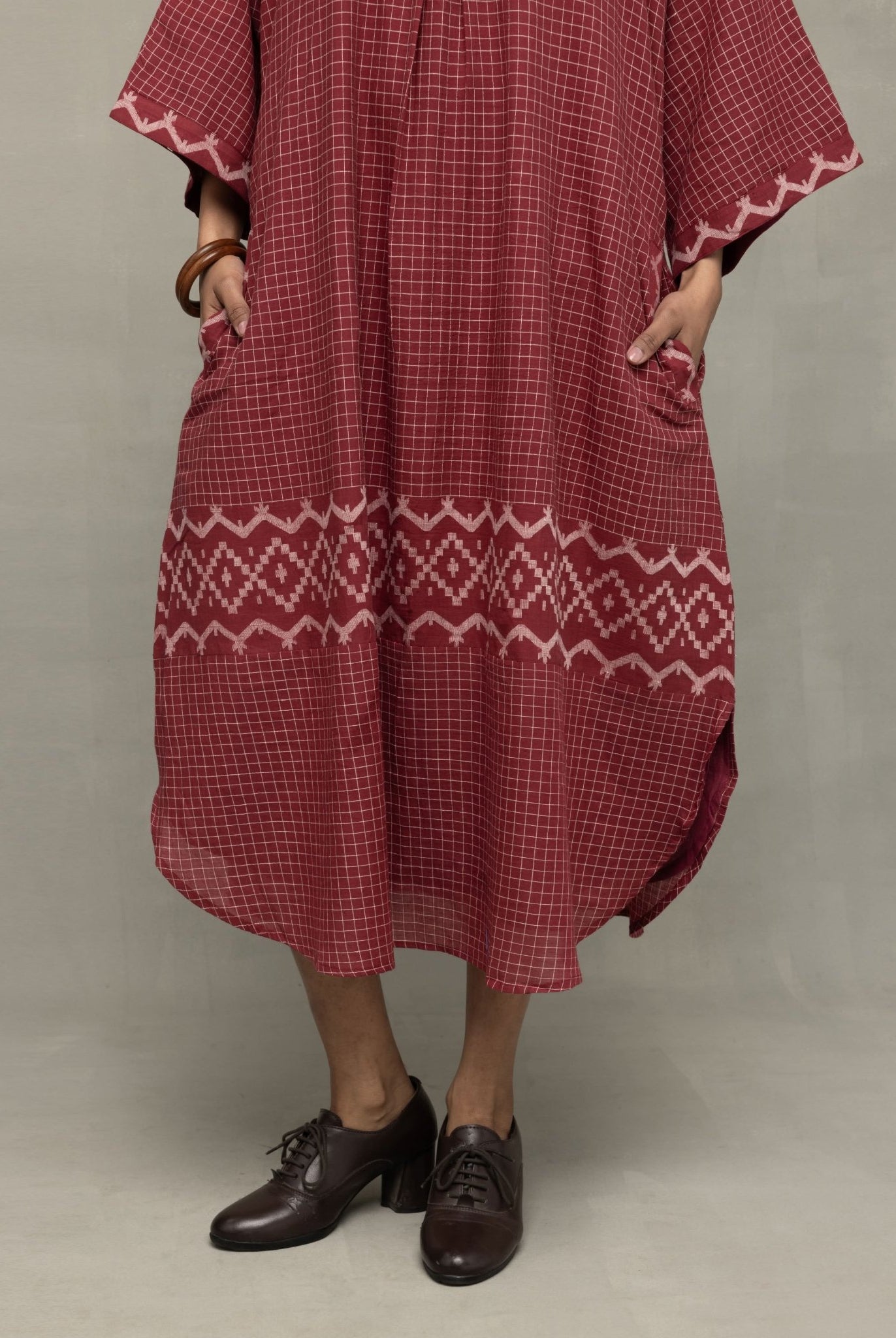 Crimson Checkered Jamdani Kaftan Dress - CiceroniDressesSutra Art of Clothing