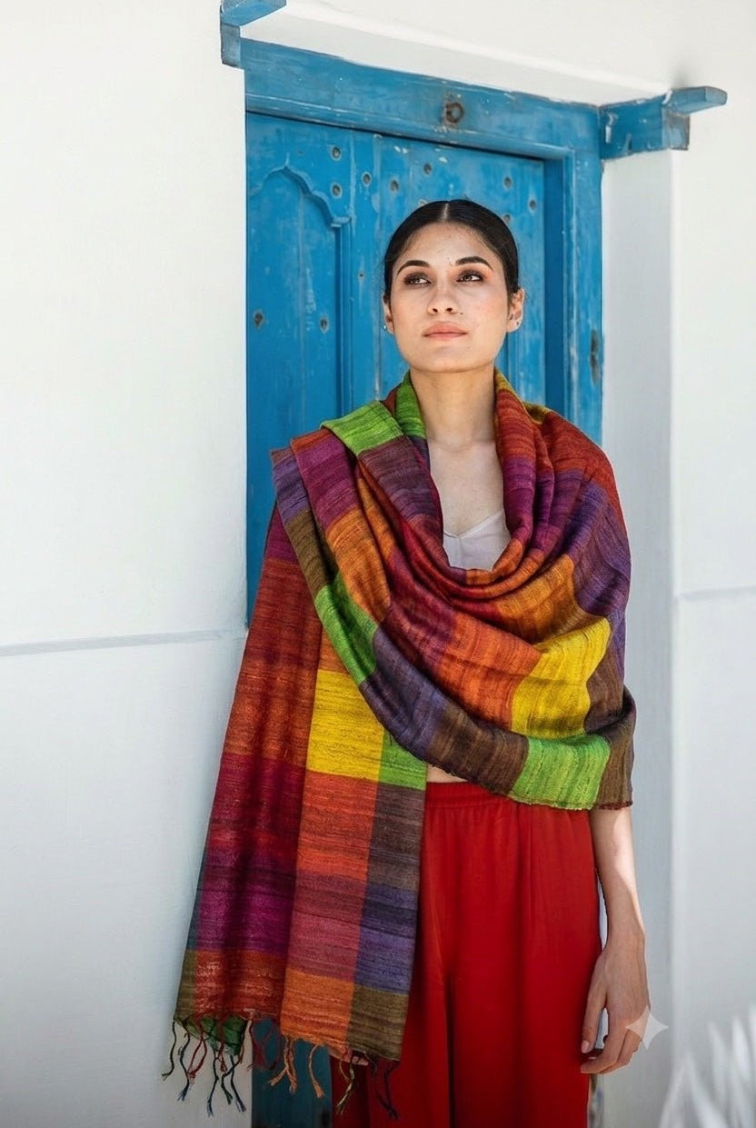 Crimson Red Madras Checks Peace Silk Scarf for Women - CiceroniScarfAeshaane