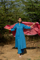 Cyan Blue Kurta Set with Pink Jaamdani Dupatta - CiceroniKurta Set, Everyday WearMaidaan