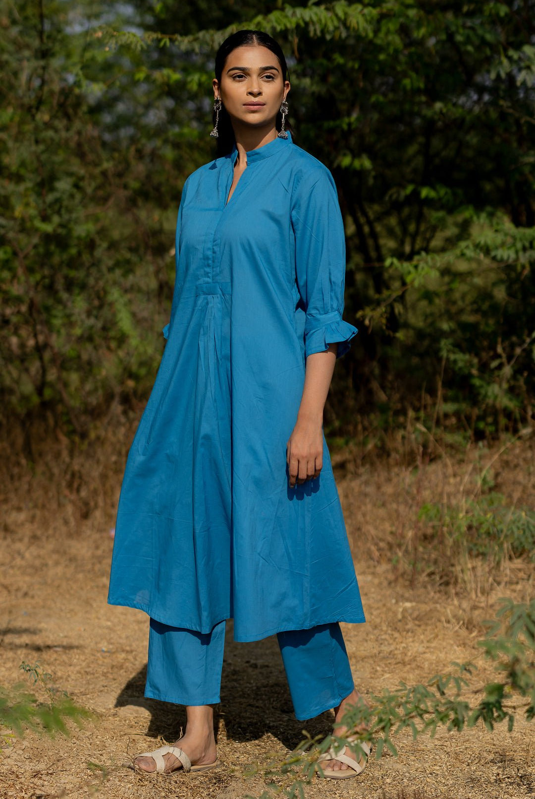 Cyan Blue Kurta Set with Pink Jaamdani Dupatta - CiceroniKurta Set, Everyday WearMaidaan