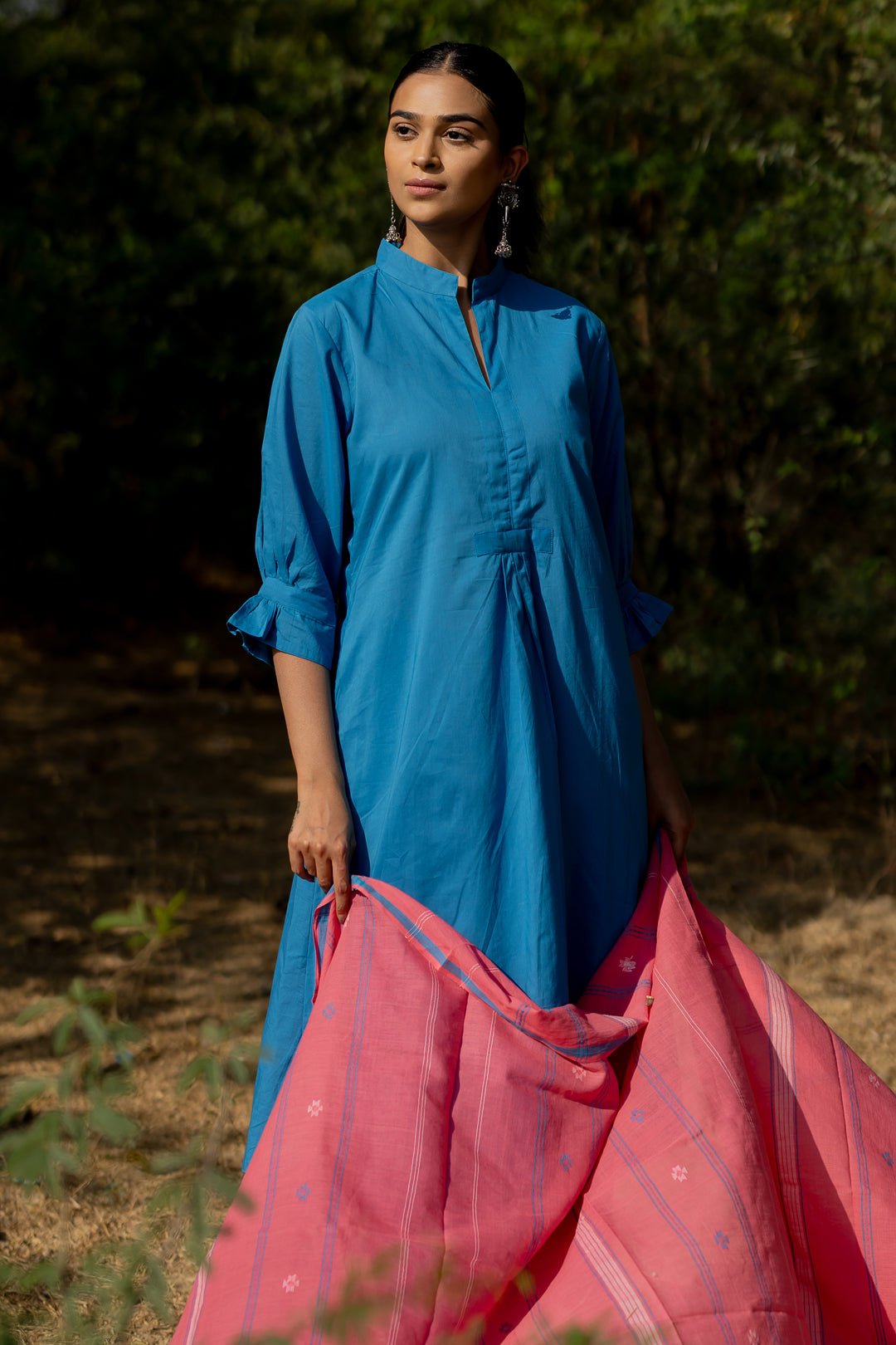 Cyan Blue Kurta Set with Pink Jaamdani Dupatta - CiceroniKurta Set, Everyday WearMaidaan