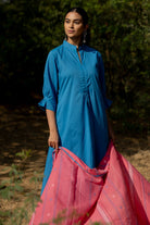 Cyan Blue Kurta Set with Pink Jaamdani Dupatta - CiceroniKurta Set, Everyday WearMaidaan