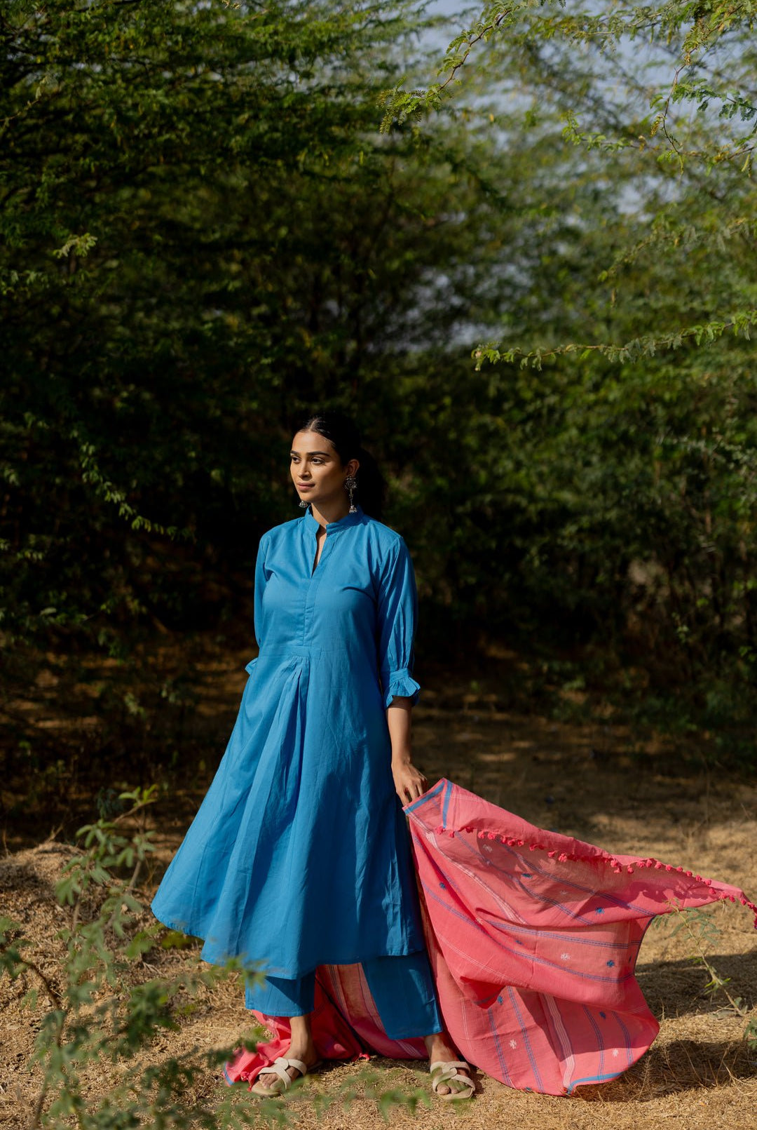 Cyan Blue Kurta Set with Pink Jaamdani Dupatta - CiceroniKurta Set, Everyday WearMaidaan