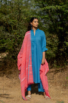 Cyan Blue Kurta Set with Pink Jaamdani Dupatta - CiceroniKurta Set, Everyday WearMaidaan