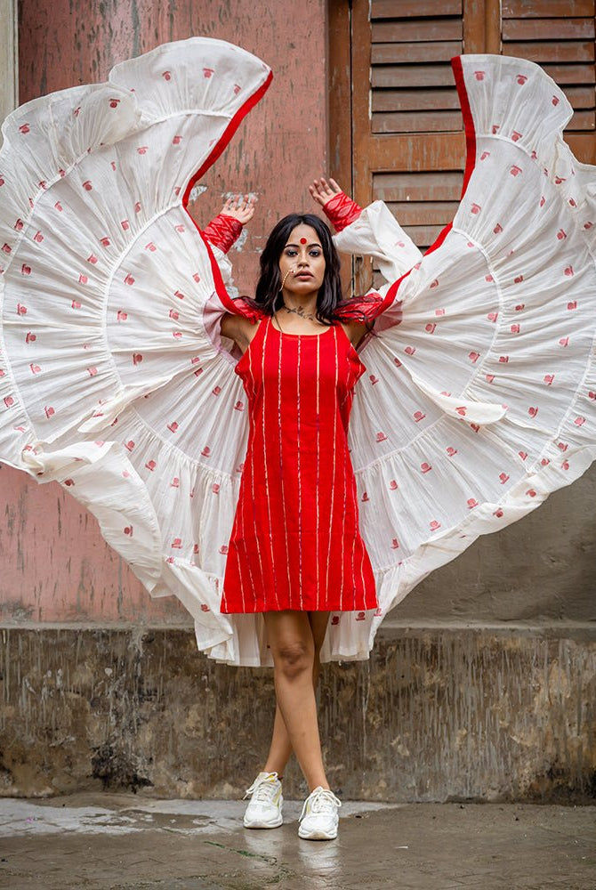 Debi - Jamdani Three Tier Flare Dress with Red Shift Dress - CiceroniDressesPrathaa
