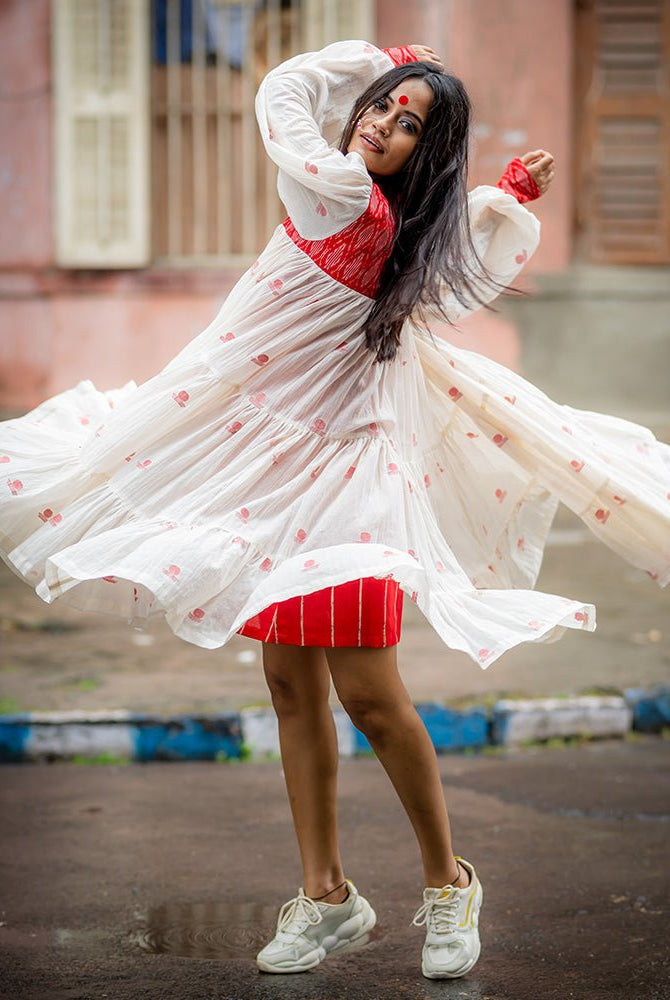 Debi - Jamdani Three Tier Flare Dress with Red Shift Dress - CiceroniDressesPrathaa