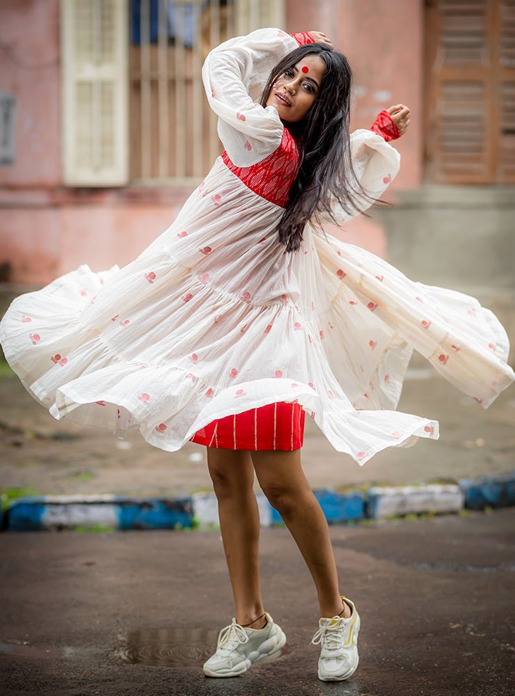 Debi - Jamdani Three Tier Flare Dress with Red Shift Dress - CiceroniDressesPrathaa