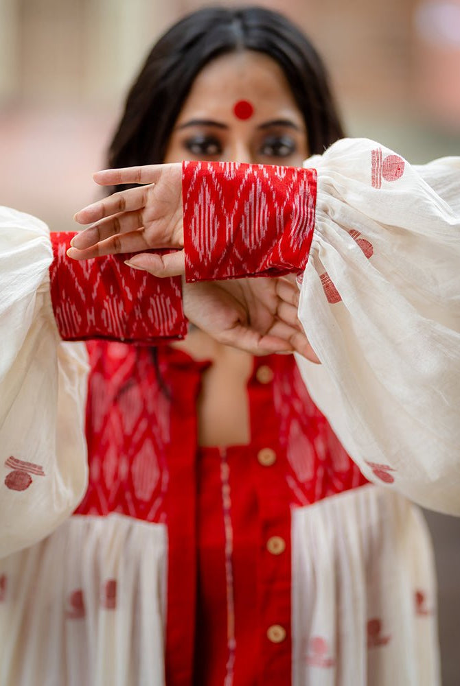 Debi - Jamdani Three Tier Flare Dress with Red Shift Dress - CiceroniDressesPrathaa