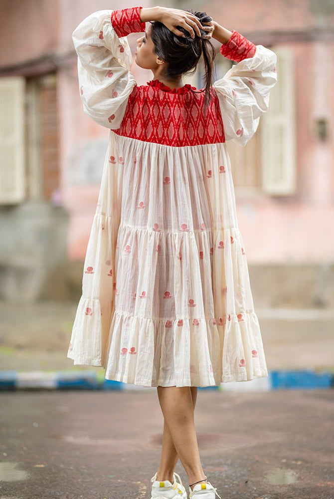Debi - Jamdani Three Tier Flare Dress with Red Shift Dress - CiceroniDressesPrathaa