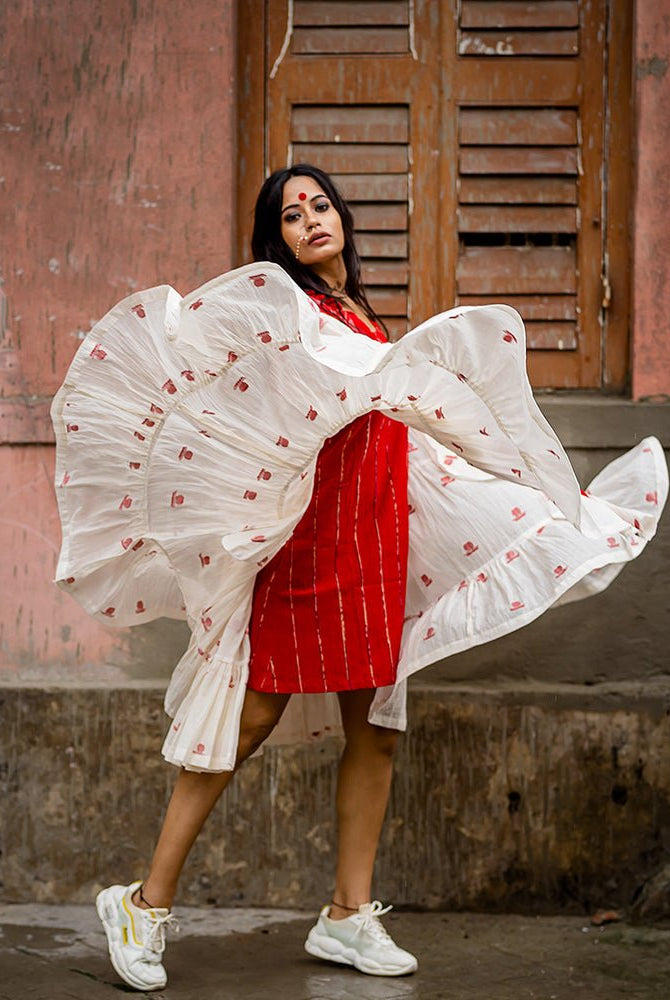Debi - Jamdani Three Tier Flare Dress with Red Shift Dress - CiceroniDressesPrathaa