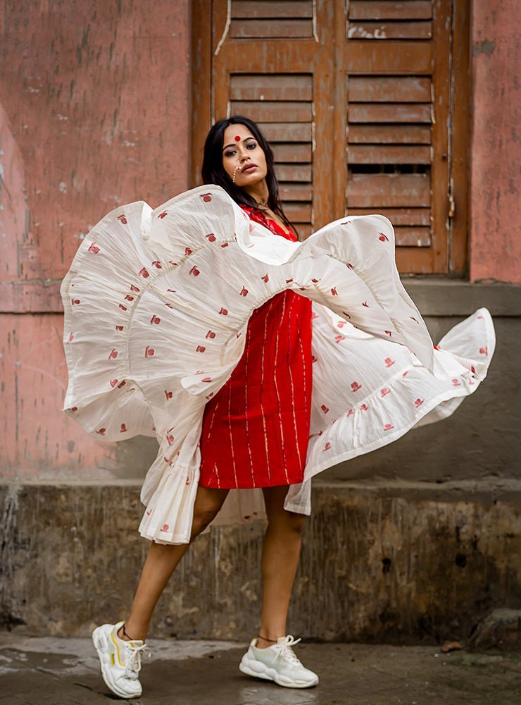Debi - Jamdani Three Tier Flare Dress with Red Shift Dress - CiceroniDressesPrathaa