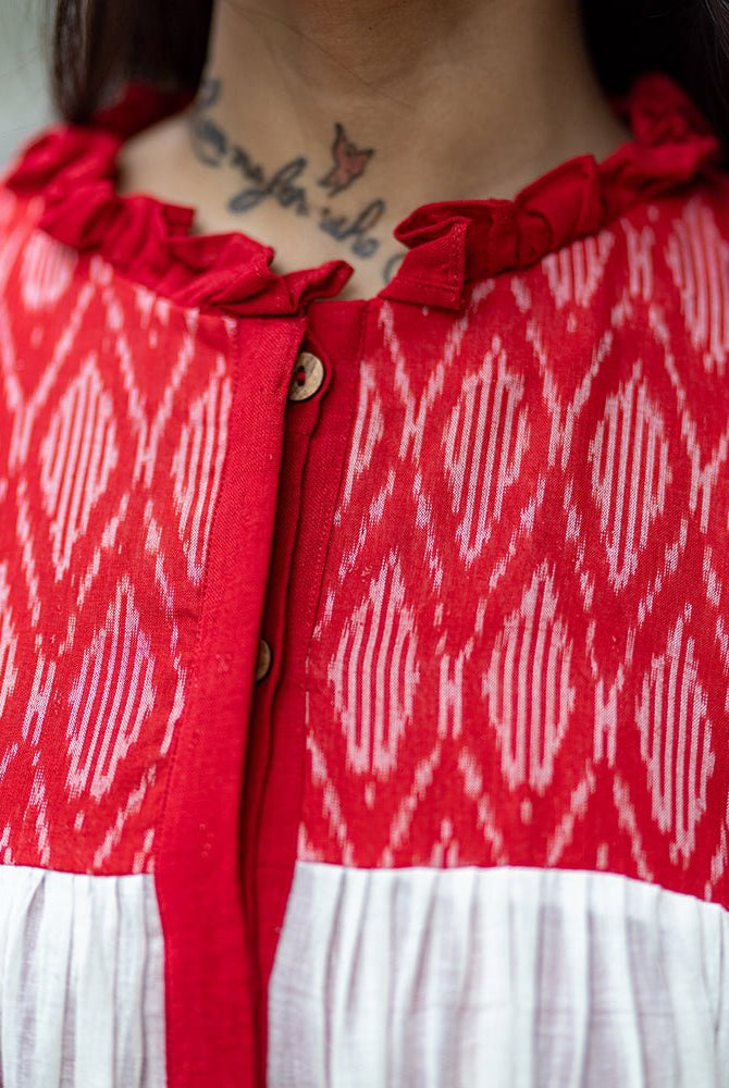 Debi - Jamdani Three Tier Flare Dress with Red Shift Dress - CiceroniDressesPrathaa