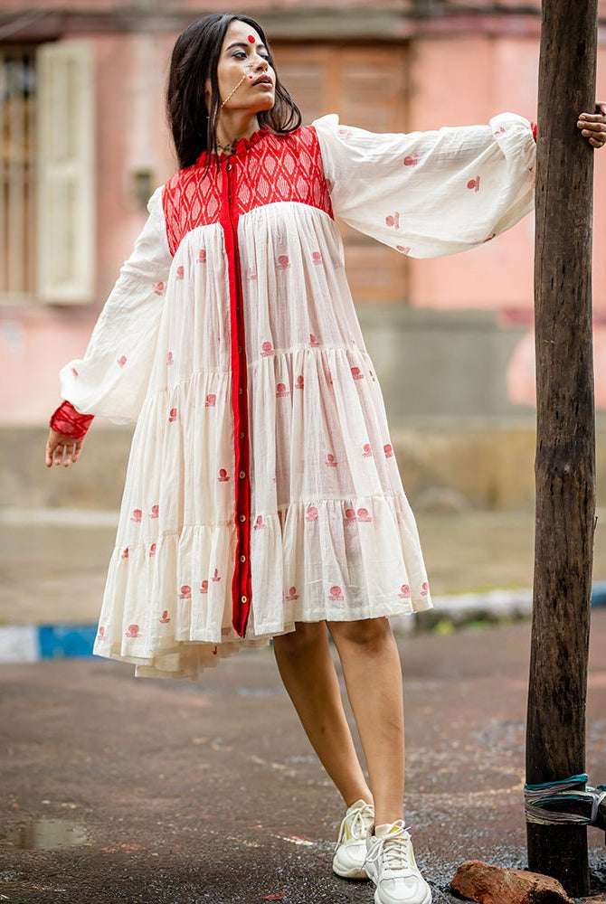 Debi - Jamdani Three Tier Flare Dress with Red Shift Dress - CiceroniDressesPrathaa