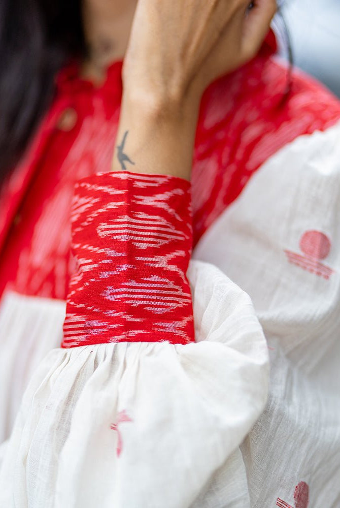 Debi - Jamdani Three Tier Flare Dress with Red Shift Dress - CiceroniDressesPrathaa