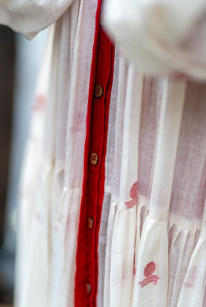 Debi - Jamdani Three Tier Flare Dress with Red Shift Dress - CiceroniDressesPrathaa