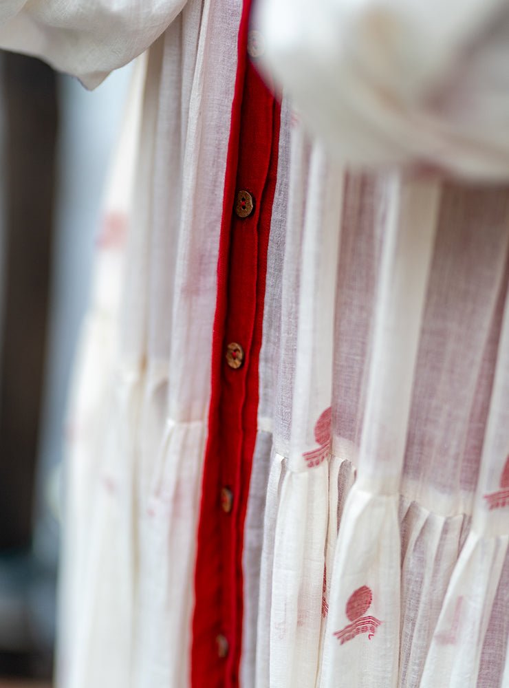 Debi - Jamdani Three Tier Flare Dress with Red Shift Dress - CiceroniDressesPrathaa