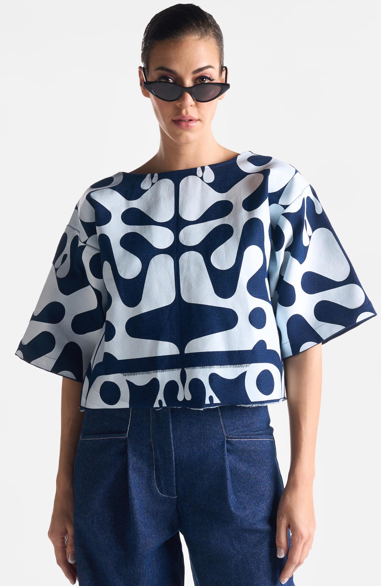 Denim Blanc Abstract Top - CiceroniTopsEkastories