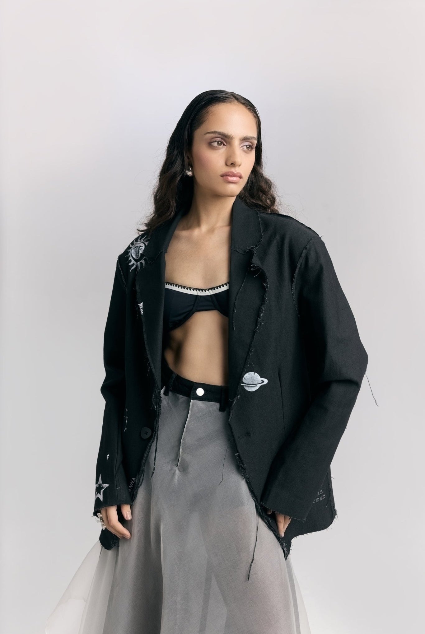 Denim Block Print Blazer - CiceroniBlazerPriyanca Khanna