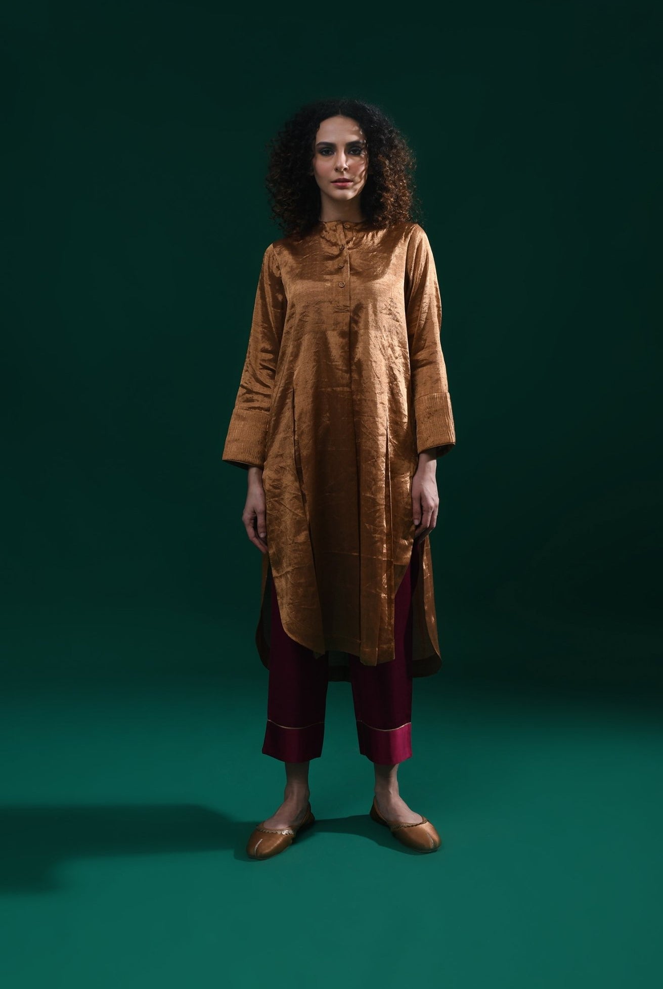 Double Box Pleat Tissue Co - Ord (Set of 2) - Coffee Gold and Mauve - CiceroniKurta Set, Festive WearHiranya