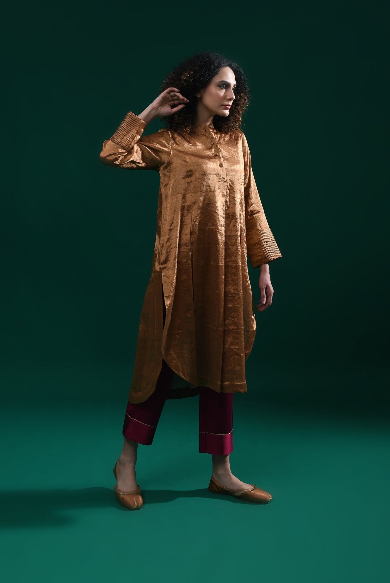 Double Box Pleat Tissue Co - Ord (Set of 2) - Coffee Gold and Mauve - CiceroniKurta Set, Festive WearHiranya