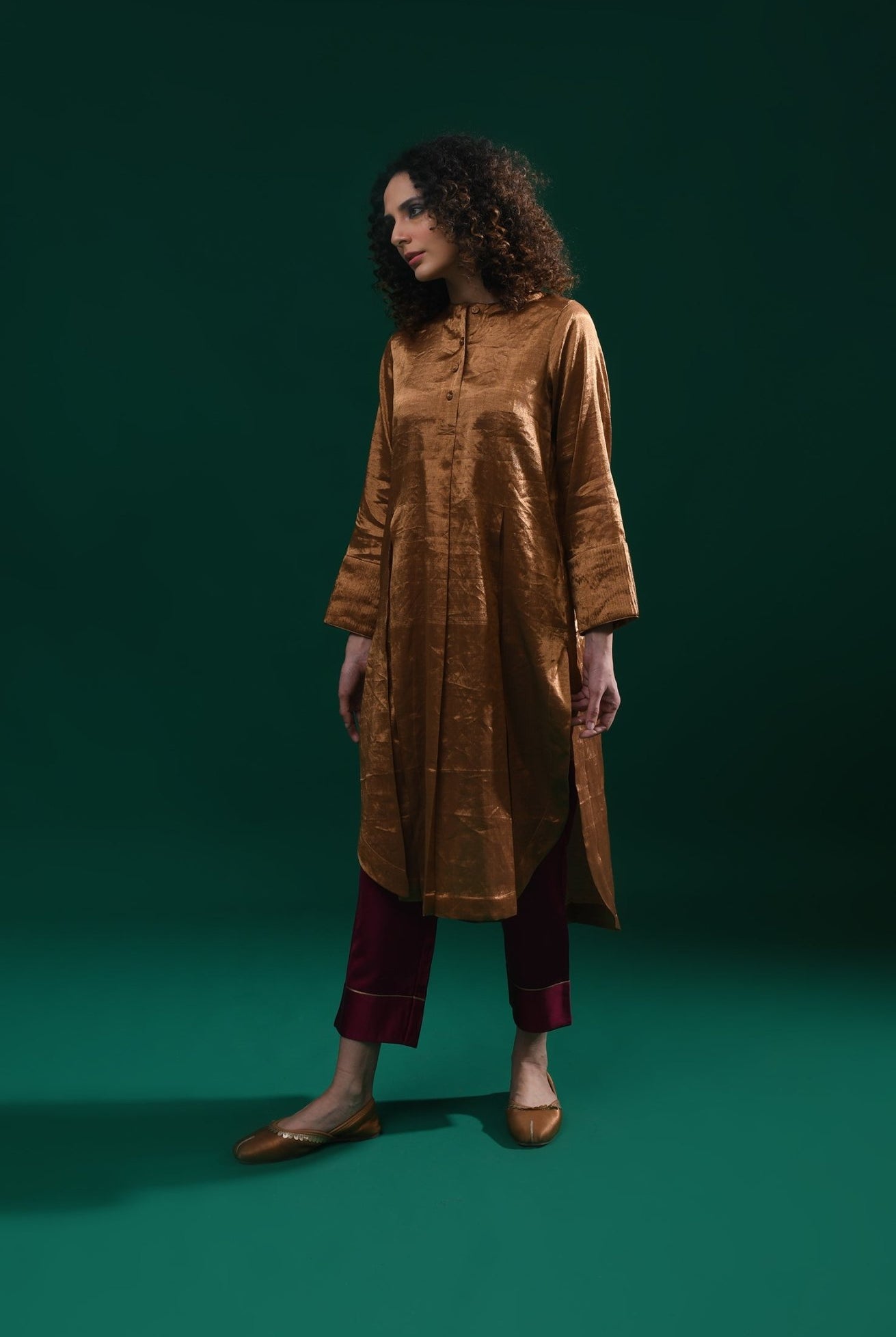 Double Box Pleat Tissue Co - Ord (Set of 2) - Coffee Gold and Mauve - CiceroniKurta Set, Festive WearHiranya