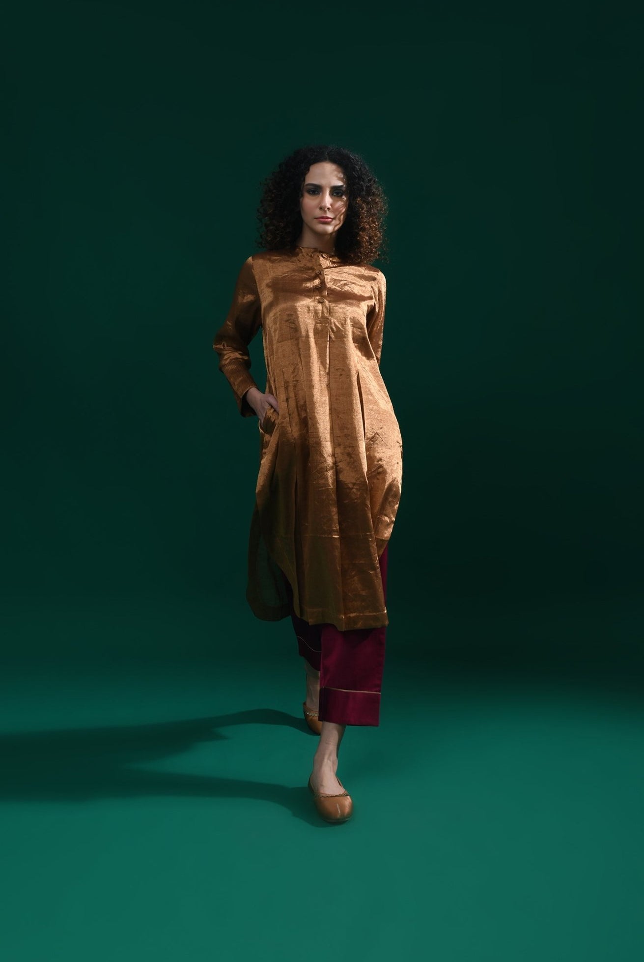 Double Box Pleat Tissue Co - Ord (Set of 2) - Coffee Gold and Mauve - CiceroniKurta Set, Festive WearHiranya