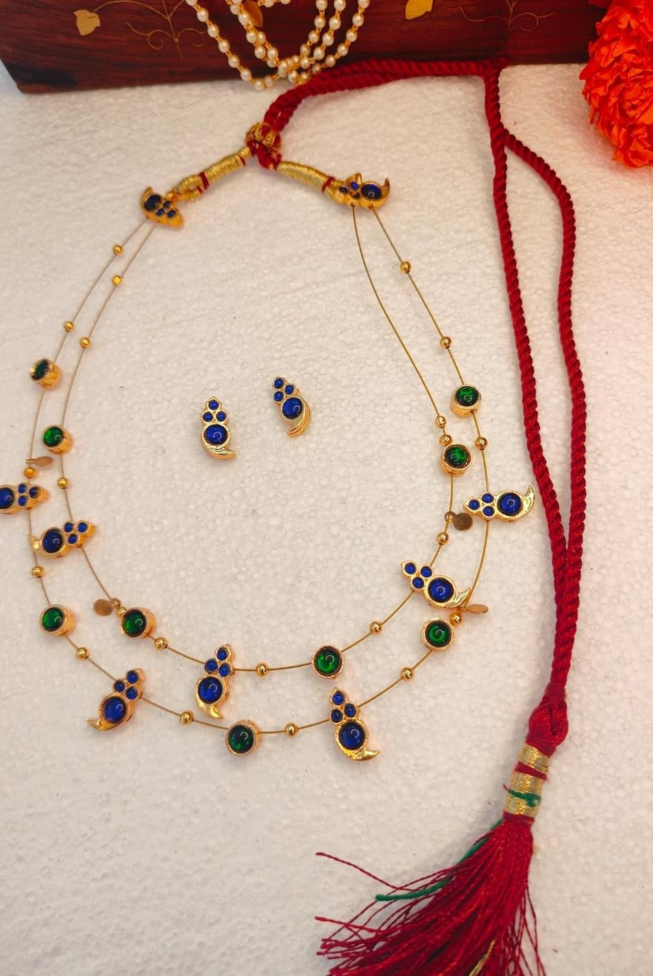 Dual Layered Blue Kemp Maanga and Green Stone Necklace - CiceroniNecklace SetAarika