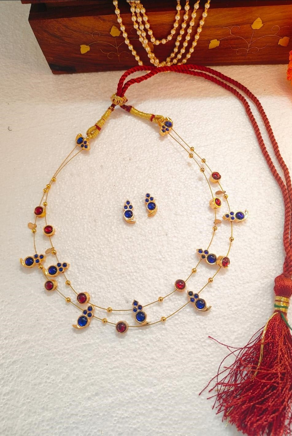 Dual Layered Blue Kemp Maanga and Red Stone Necklace - CiceroniNecklace SetAarika