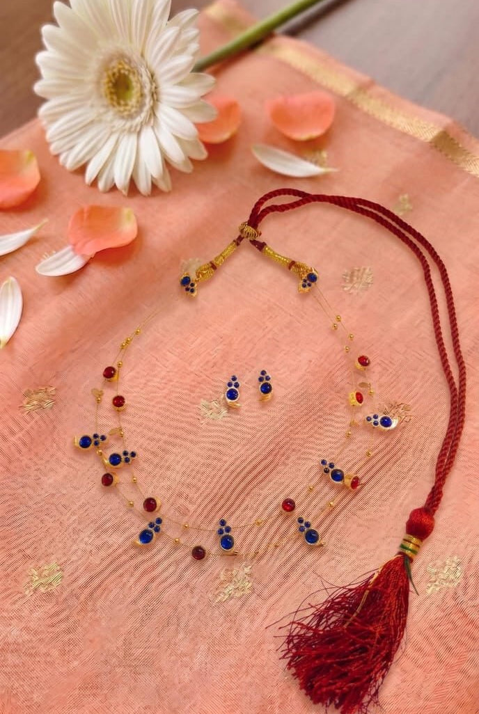 Dual Layered Blue Kemp Maanga and Red Stone Necklace - CiceroniNecklace SetAarika