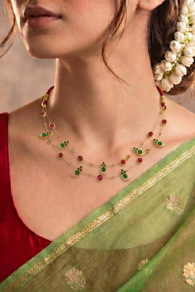 Dual Layered Green Kemp Maanga and Red Stone Necklace - CiceroniNecklace SetAarika