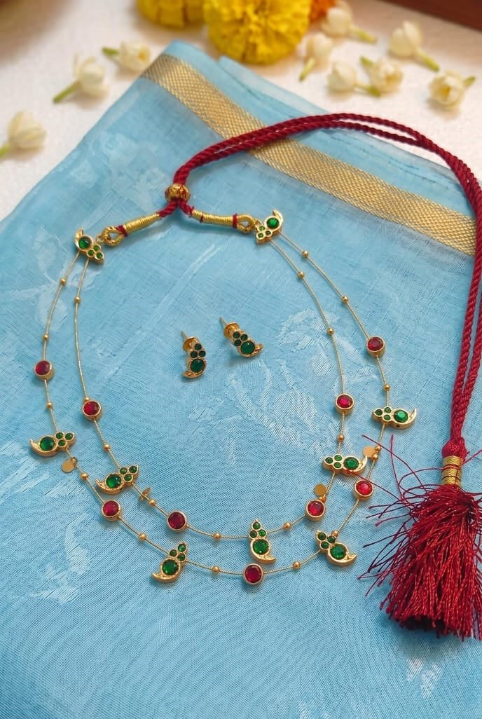 Dual Layered Green Kemp Maanga and Red Stone Necklace - CiceroniNecklace SetAarika