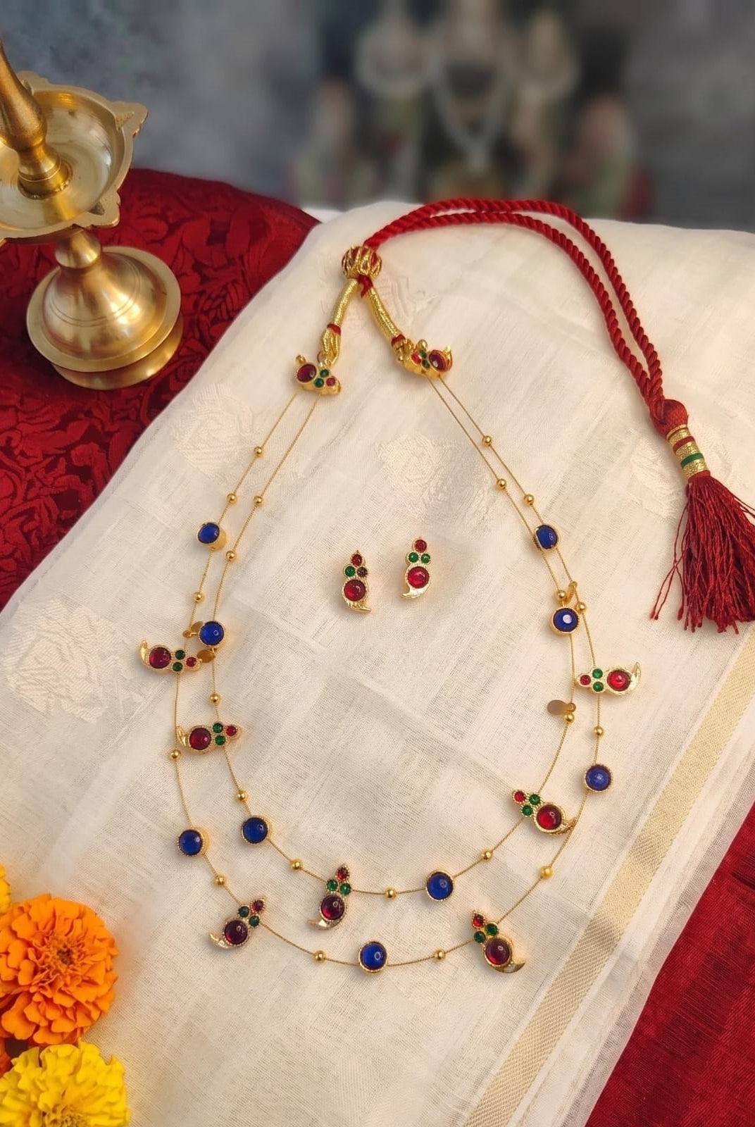 Dual Layered Red Kemp Maanga and Blue Stone Necklace - CiceroniNecklace SetAarika