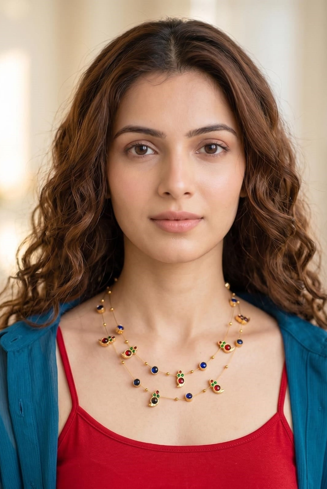 Dual Layered Red Kemp Maanga and Blue Stone Necklace - CiceroniNecklace SetAarika